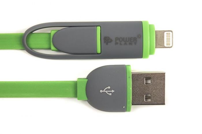 Кабель PowerPlant Quick Charge Flat USB2.0-MicroUSB-Lightning, 2м Green (CA910502)