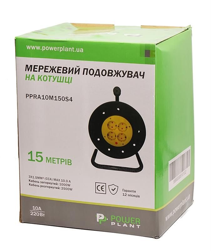 Подовжувач на котушці PowerPlant JY-2002/15 (PPRA10M150S4) 4 розетки, 15 м, чорно-жовтий