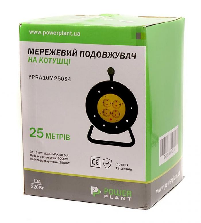 Подовжувач на котушці PowerPlant JY-2002/25 (PPRA10M250S4) 4 розетки, 25 м, чорно-жовтий