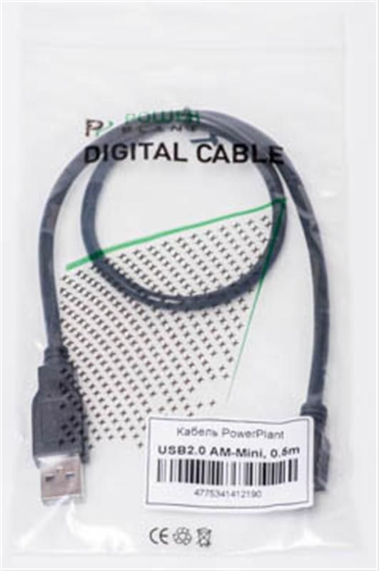 Кабель PowerPlant (KD00AS1219) USB2.0(AM)-MiniUSB(AM), 0.5м, Black