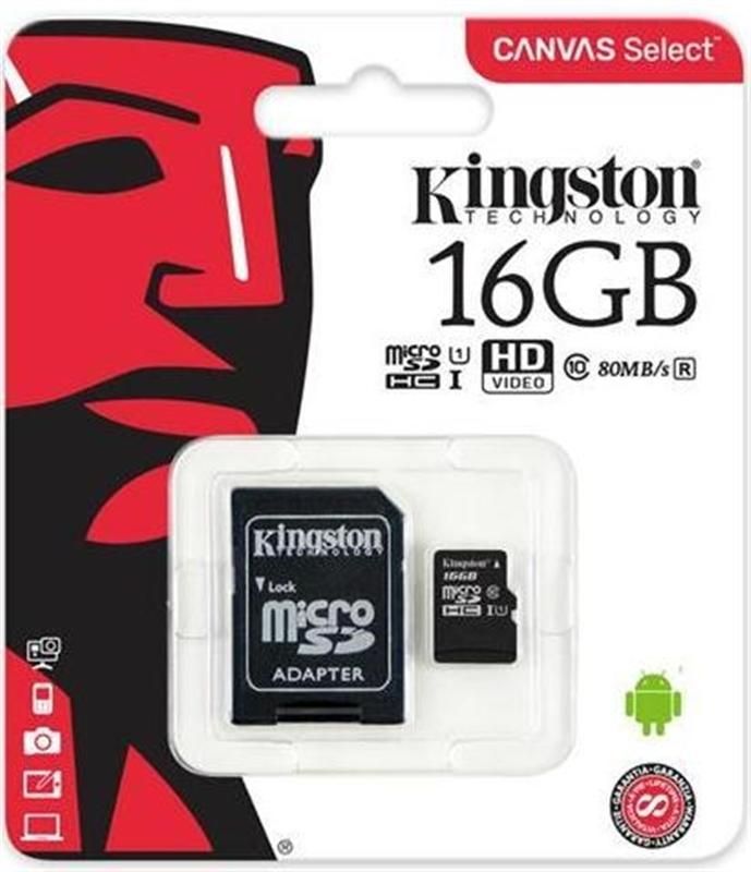 Карта пам`ятi MicroSDHC 16GB UHS-I Class 10 Kingston Canvas Select + SD-адаптер (SDCS/16GB)