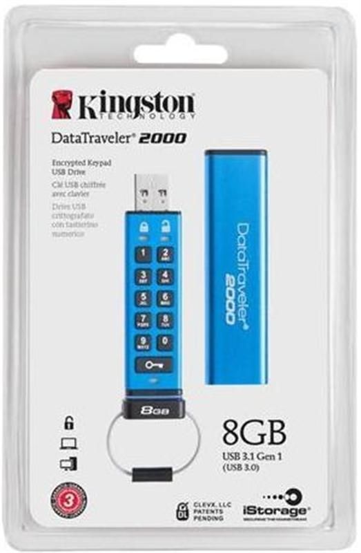 Флеш-накопичувач USB3.1  8GB Kingston DataTraveler 2000 Keypad 256bit AES Hardware Encrypted (DT2000/8GB)