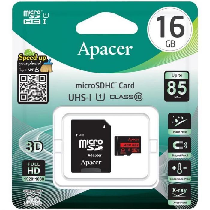 Карта пам`ятi MicroSDHC 16GB UHS-I Class 10 Apacer + SD adapter (AP16GMCSH10U5-R)