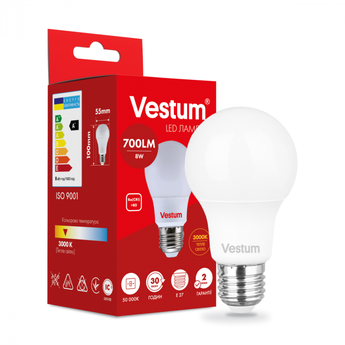 Світлодіодна лампа Vestum A55 8W 3000K 220V E27 1-VS-1108