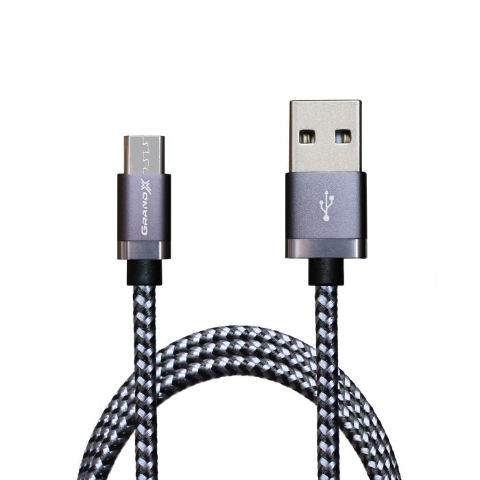 Кабель Grand-X USB-microUSB, 3A, 1м, Silver/Black (FM07SB)