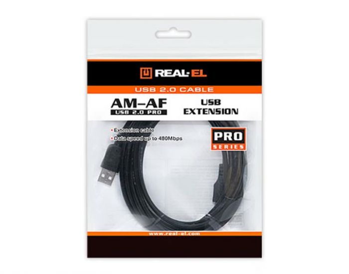 Кабель REAL-EL Pro USB - USB V 2.0 (M/F), 3 м, чорний (EL123500029)