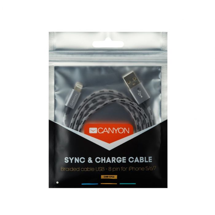 Кабель Canyon USB - Lightning 1м, Dark Grey (CNE-CFI3DG) в обплетеннi