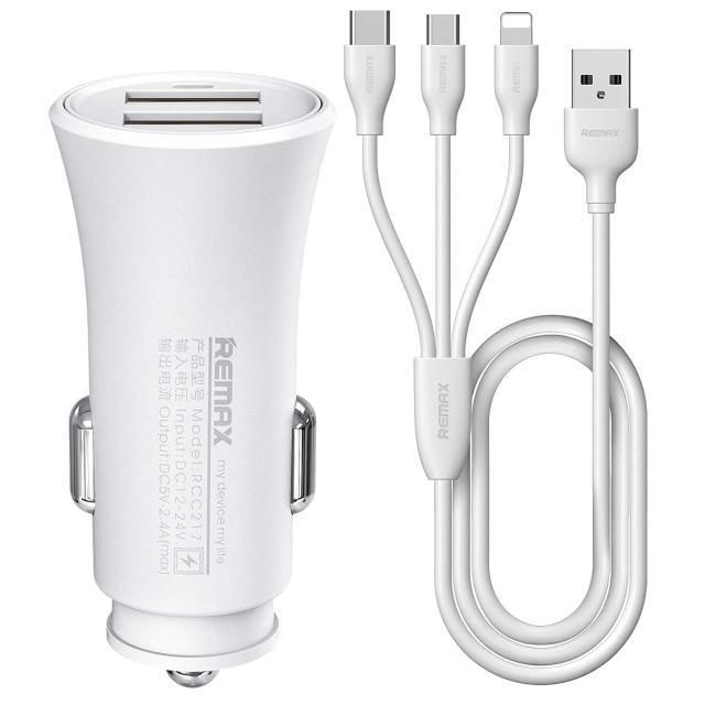 Автомобільний зарядний пристрій Remax (2xUSB, 2.4A) White (6954851288206) + кабель Lightning/microUSB/Type-C