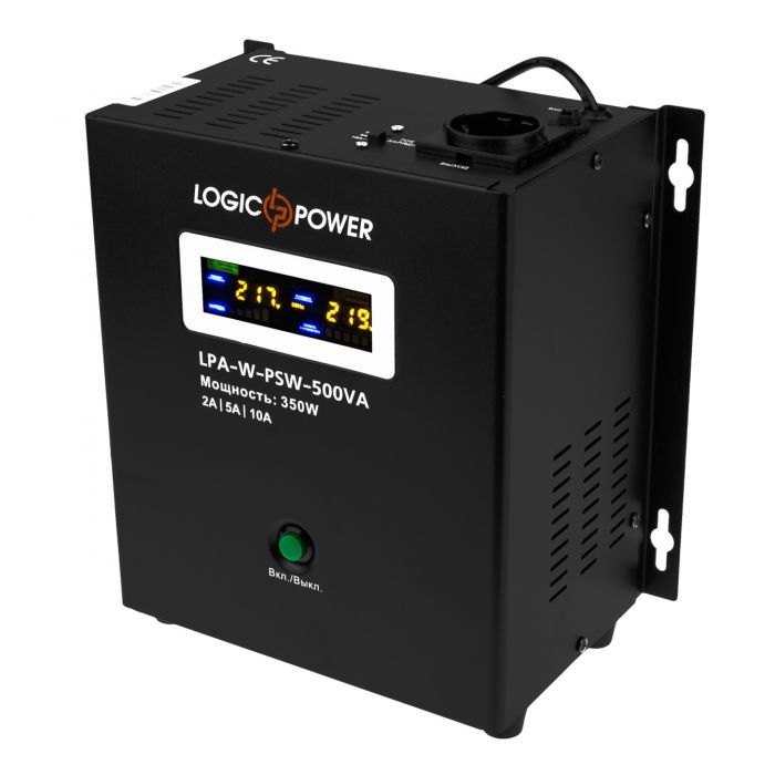 Джерело безперебійного живлення LogicPower LPA-W-PSW-500VA (350Вт)2A/5A/10A, Lin.int., AVR, 1 x евро, LCD, металл, з правильною синусоїдою 12V, настінний