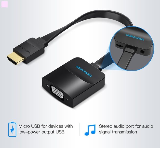 Адаптер Vention Flat HDMI - VGA (M/F), зі звуком і живленням, 0.2 м, чорний (ACKBB)