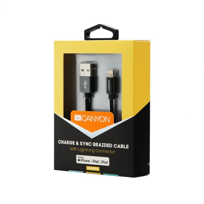 Кабель Canyon USB - Lightning 0.96м, Black (CNS-MFIC3B) в обплетеннi