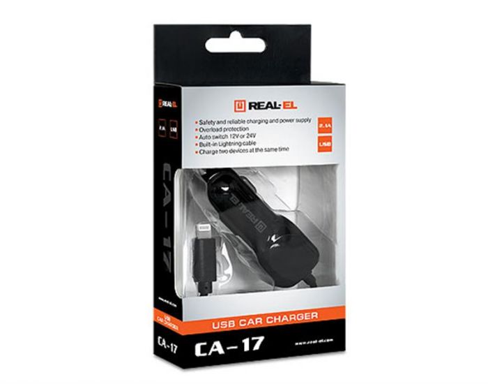 Автомобільний зарядний пристрій REAL-EL CA-17 (2USB, 2.1A) Black + кабель Lightning