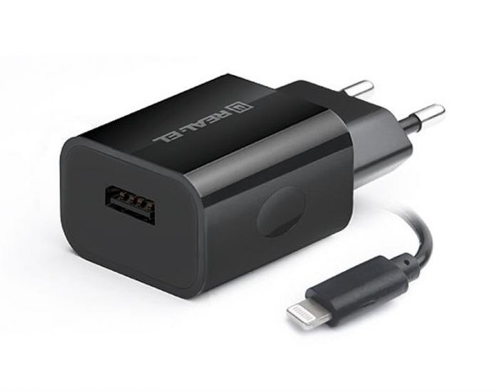 Мережевий зарядний пристрій REAL-EL CH-217 (2USB, 2.1A) Black + кабель Lightning