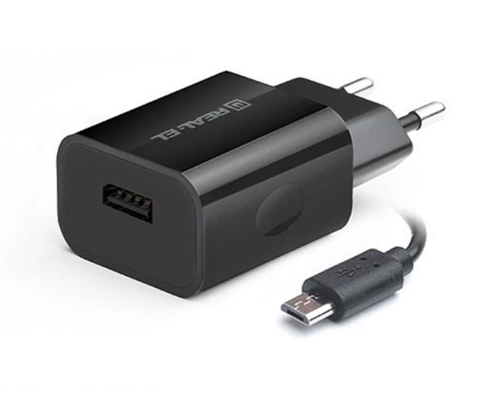 Мережевий зарядний пристрій REAL-EL CH-215 (2USB, 2.1A) Black + кабель microUSB