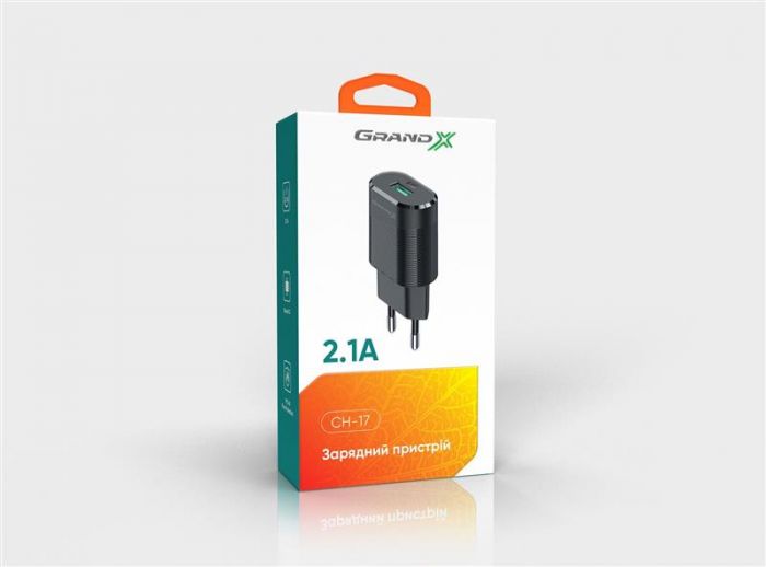 Мережевий зарядний пристрій Grand-X (1xUSB 2.1А) Black (CH-17)