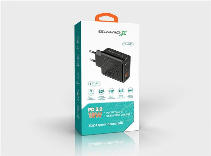 Мережевий зарядний пристрій Grand-X Fast Сharge 6в1 (1хUSB, 1хTypeC, 20W) Black (CH-880)