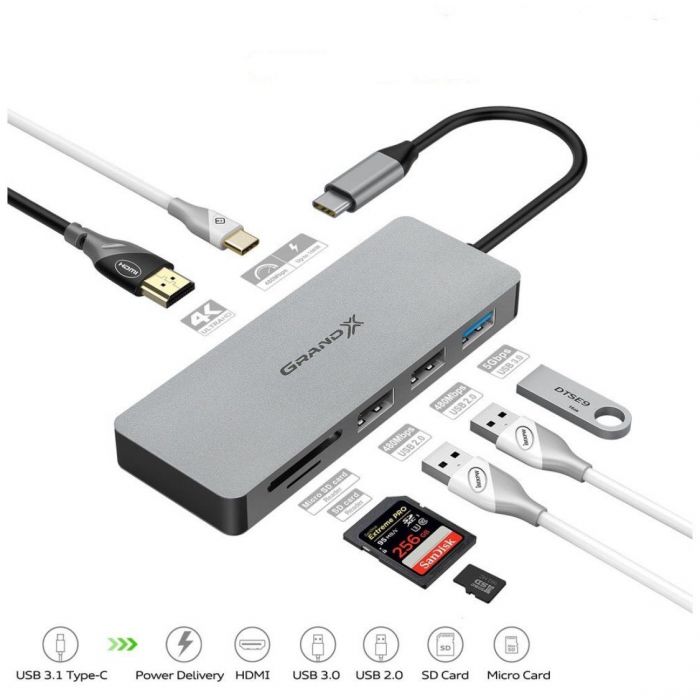 Концентратор USB 3.1 Type-C Grand-X PD Сharging HDMI/3хUSB/Type-C/OTG/CR (SG-512)