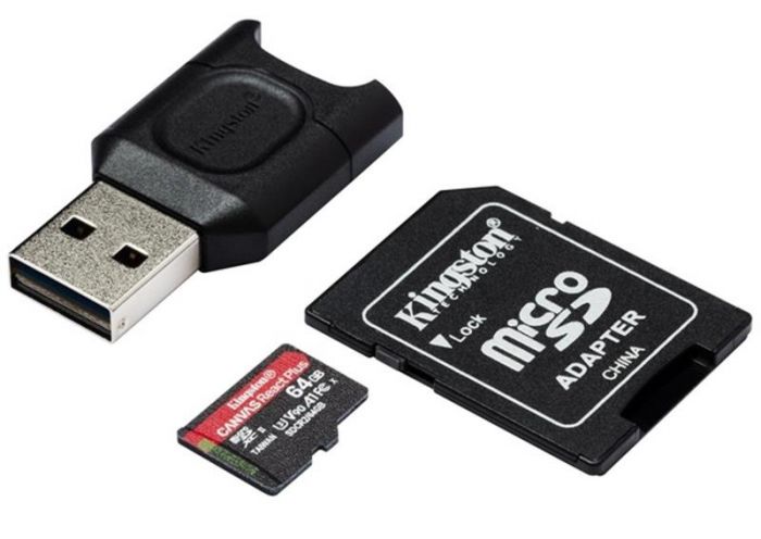 Карта пам`ятi MicroSDXC 64GB UHS-II/U3 Class 10 Kingston Canvas React Plus R285/W165MB/s + SD-адаптер + USB-кардридер (MLPMR2/64GB)