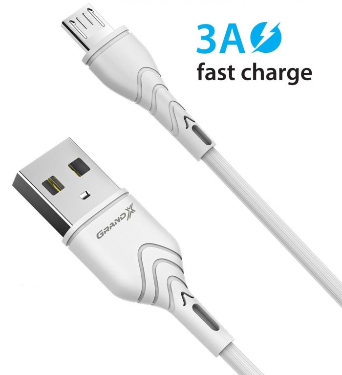 Кабель Grand-X USB-microUSB, Cu, 3A, 1м, Fast Сharge, White(PM-03W)