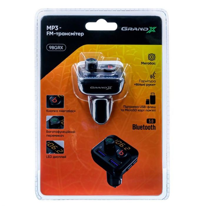 FM-трансмітер Grand-X 98GRX MegaBass Bluetooth V5.0 Hands Free MicroSD, 2хUSB 1A+2.4A