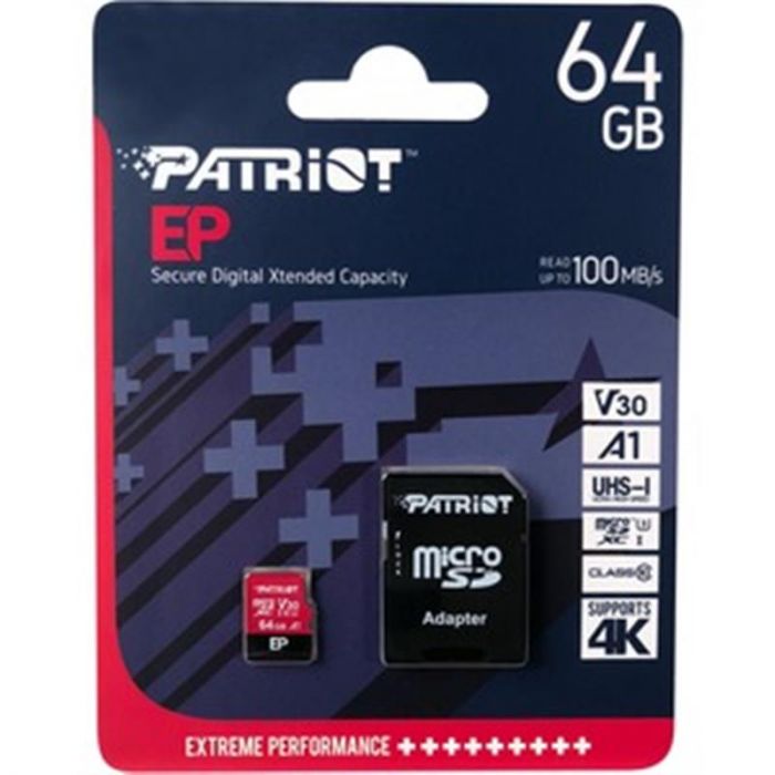 Карта пам`ятi MicroSDXC 64GB UHS-I/U3 Class 10 Patriot EP A1 R100/W80MB/s + SD-adapter (PEF64GEP31MCX)
