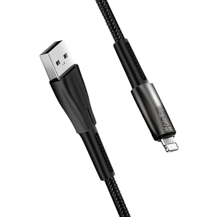 Кабель ColorWay USB - Lightning (M/M), 2.4 А, Zinc Alloy + Led, 1 м, Black (CW-CBUL035-BK)