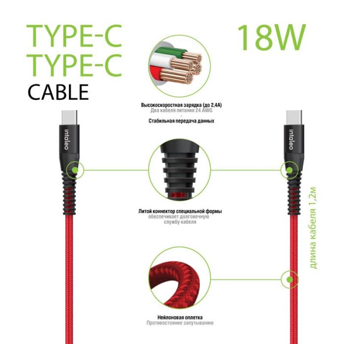 Кабель Intaleo CBRNYTT1 USB Type-C - USB Type-C (M/M), 1.2 м, красный (1283126504112)