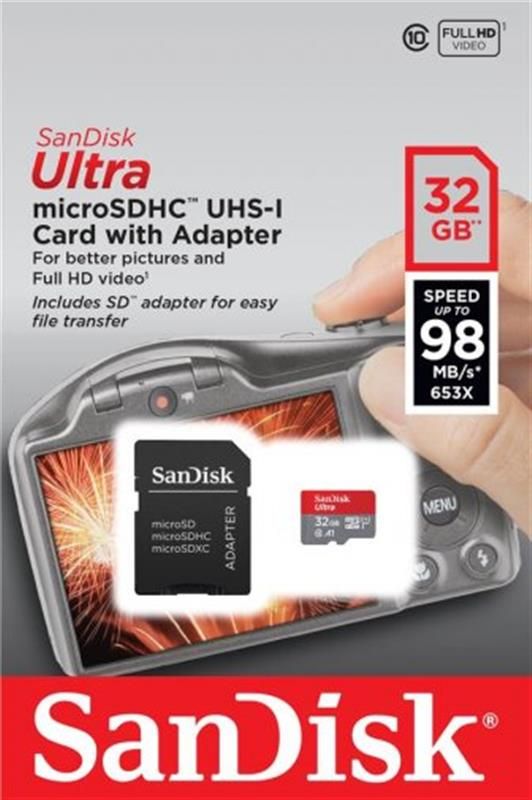 Карта пам`яті MicroSDXC 32GB UHS-I Class 10 SanDisk Ultra R100/W10MB/s + SD-адаптер (SDSQUNR-032G-GN3MA)