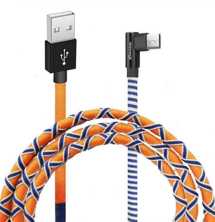 Кабель Grand-X USB - microUSB, 2.1A, 1м, Orange/Blue, кут. micro USB (FM-08OB)