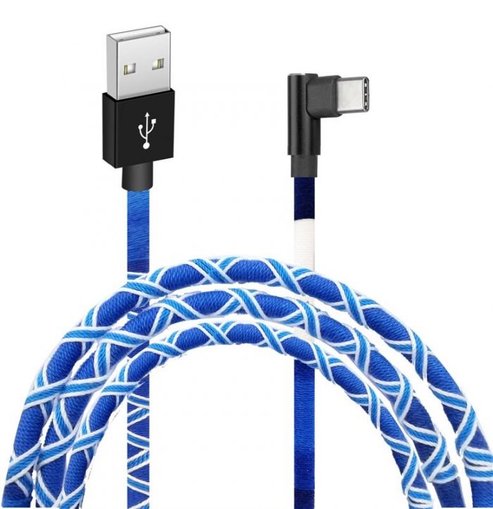 Кабель Grand-X USB-USB-С, 2.1A 1м White/Blue, кут. USB-C (FC-08WB)