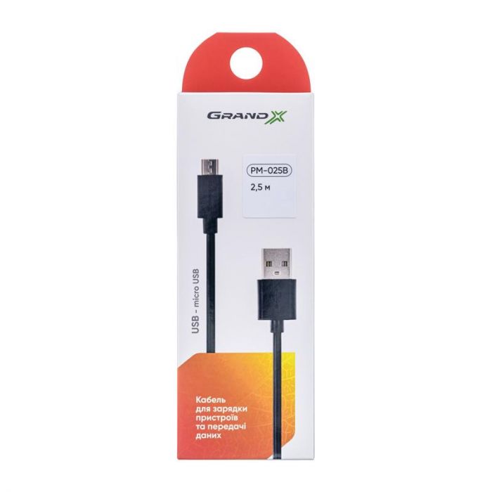 Кабель Grand-X USB-microUSB, Cu, 2.5м Black (PM025B) box