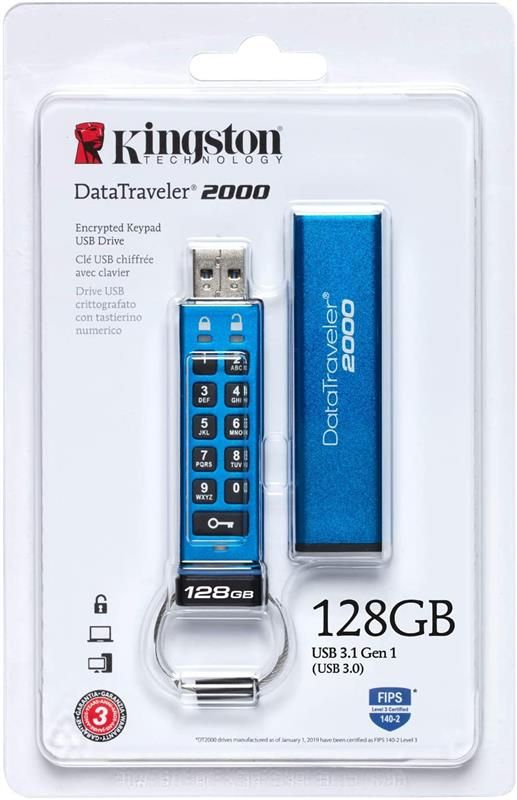 Флеш-накопитель USB3.0 128GB Kingston DataTraveler 2000 Keypad 256bit AES Hardware Encrypted (DT2000/128GB)
