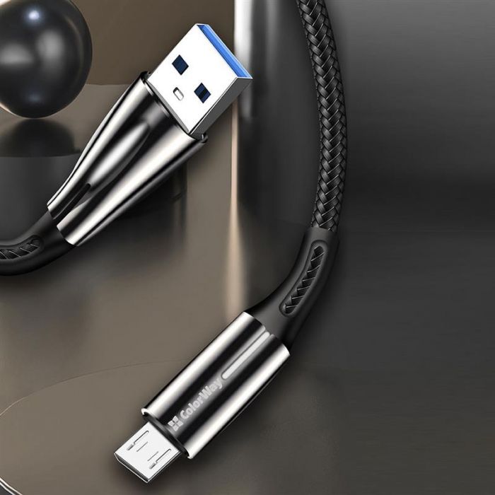 Кабель ColorWay USB - micro USB (M/M), Zinc Alloy + Led, 2.4 А, 1 м, Black (CW-CBUM035-BK)