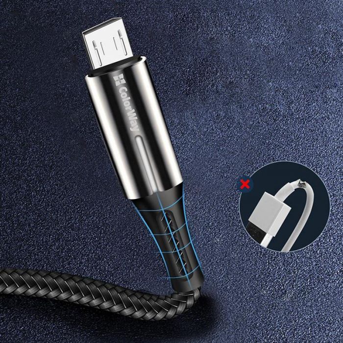 Кабель ColorWay USB - micro USB (M/M), Zinc Alloy + Led, 2.4 А, 1 м, Black (CW-CBUM035-BK)