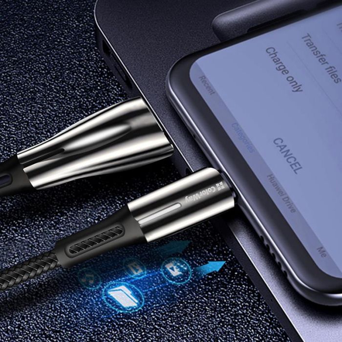 Кабель ColorWay USB-Lightning, 2.4А, 1м, Zinc Alloy + Led, Black (CW-CBUL035-BK)