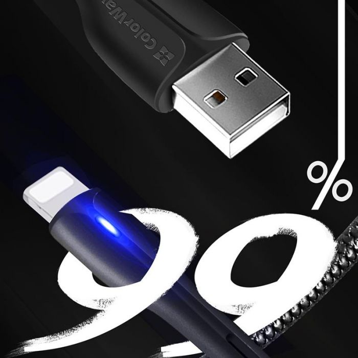 Кабель ColorWay USB - Lightning (M/M), PVC + Led, 2.4 А, 1 м, Black (CW-CBUL034-BK)