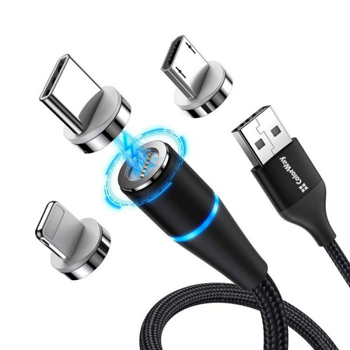 Кабель ColorWay USB - Lightning + micro USB + USB Type-C (M/M), Magnetic Data/Quick Charge, 2.4 А, 1 м, Black (CW-CBUU038-BK)
