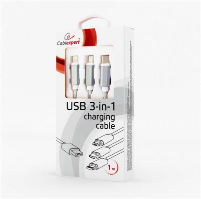 Кабель Cablexpert (CC-USB2-AM31-1M-S) USB BM - Lightning/MicroUSB/USB-C, 1м, сріблястий
