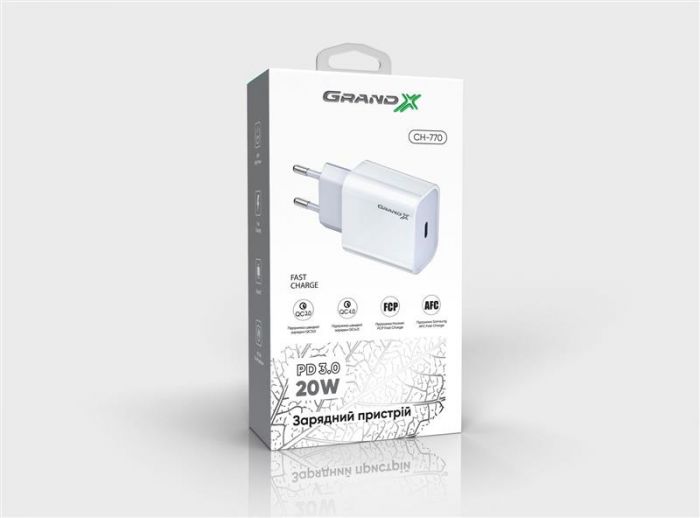 Мережевий зарядний пристрій Grand-X (1xUSB-C 20W) QC4.0, PD 3.0, FCP, AFC White (CH-770)