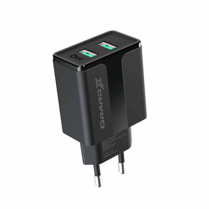 Мережевий зарядний пристрій Grand-X CH-15B (2xUSB 2.1A) Black
