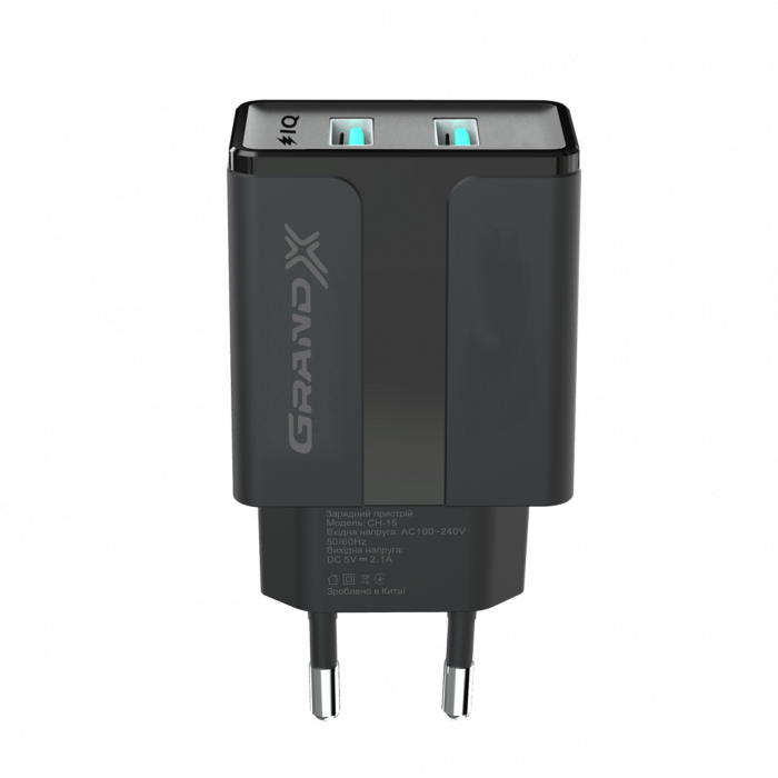 Мережевий зарядний пристрій Grand-X CH-15B (2xUSB 2.1A) Black