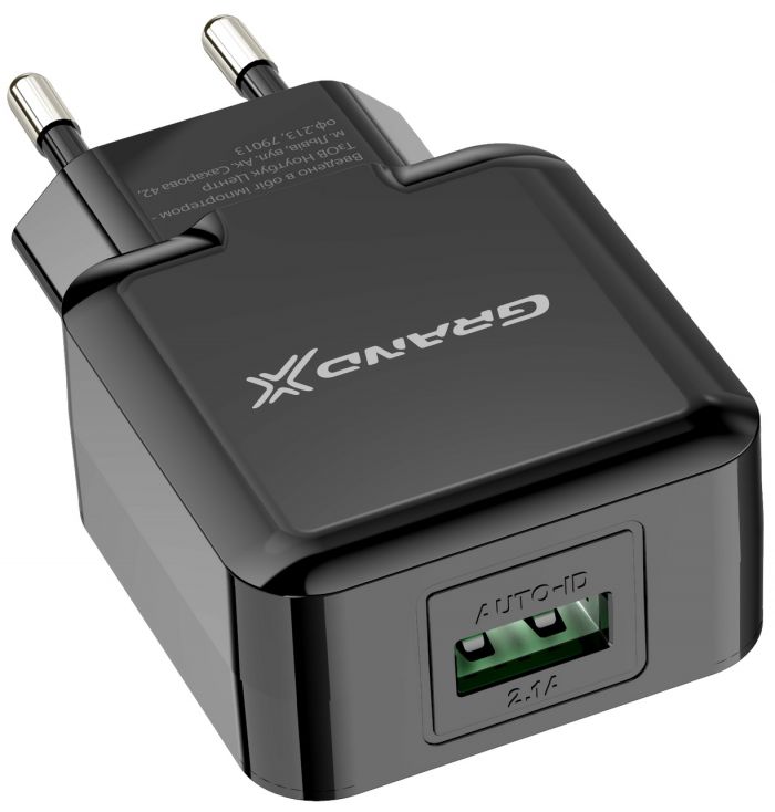 Мережевий зарядний пристрій Grand-X (1xUSB 5В/2.1А) Black (CH-03B)