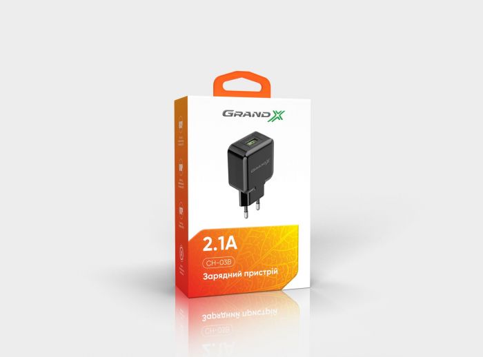 Мережевий зарядний пристрій Grand-X (1xUSB 5В/2.1А) Black (CH-03B)