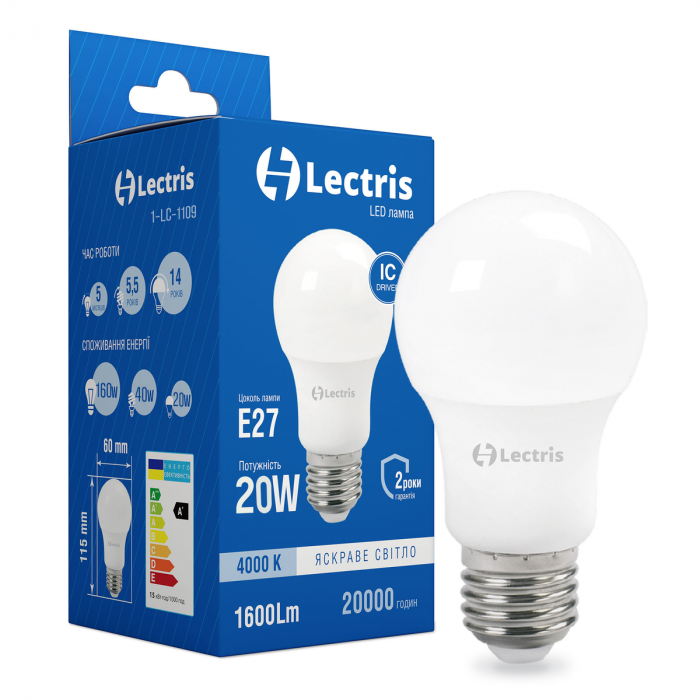 Світлодіодна лампа Lectris A65 20W 4000K 220V E27 1-LC-1109