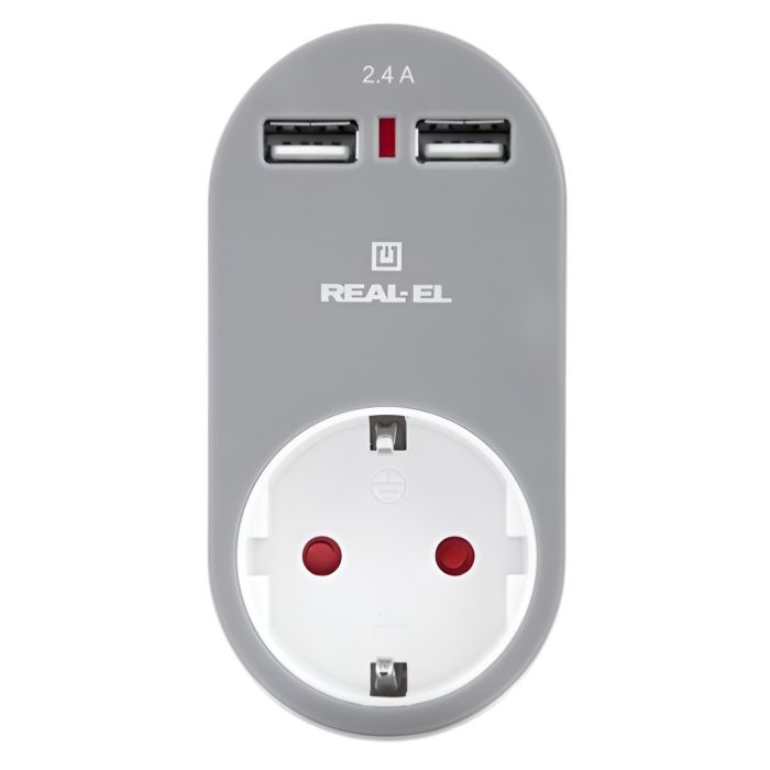 Мережевий зарядний USB-пристрій з розеткою REAL-EL CS-20, білий-сірий