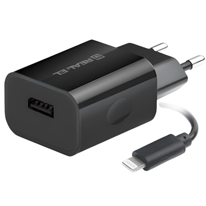 Мережевий зарядний пристрій REAL-EL CH-217 (2USB, 2.1A) Black + кабель Lightning