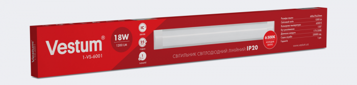 Світлодіодний лінійний світильник Vestum 0,6м 18W 6500K 220V IP20 1-VS-6001