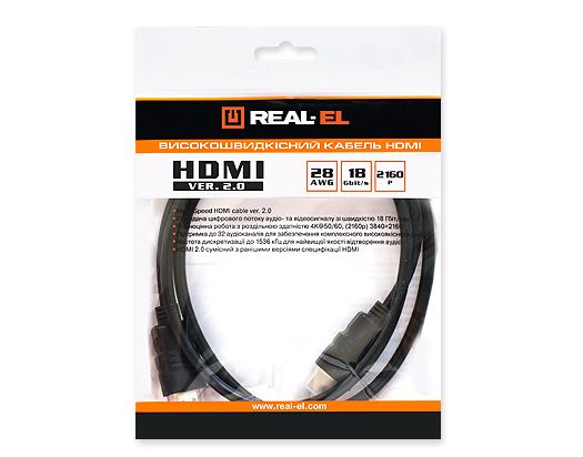 Кабель REAL-EL HDMI - HDMI v2.0 M/M, 2 м, чорний (EL123500012) пакет
