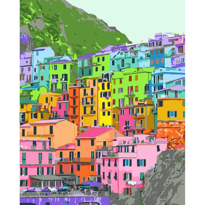 Картина за номерами Різнокольорові будиночки Strateg з лаком розміром 40х50 см (VA-3581)