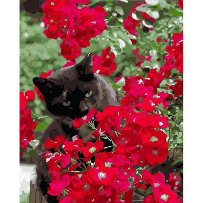Картина за номерами Strateg ПРЕМІУМ Котик в червоних квітах з лаком розміром 40х50 см VA-3593